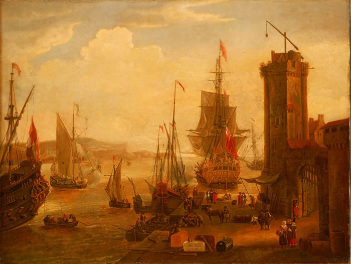 English and dutch ships taking on stores at a port